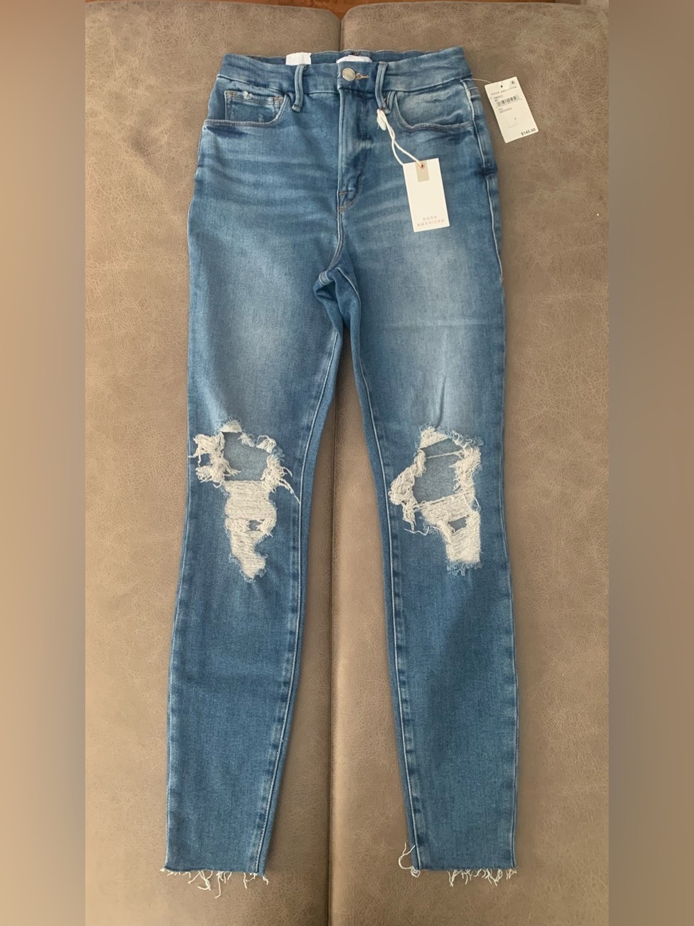 Good American Good Waist High Rise Skinny Distressed Raw Hem Jeans New Size 2